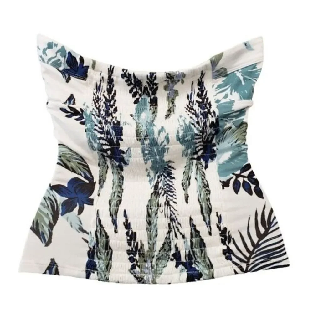 Free People Bandeau Crop Top Women's SMALL Black Blue White Green Floral Smocked